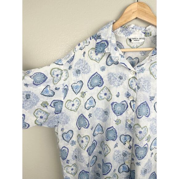 Vintage 80s 90s Heart Floral Novelty Print Button Front Plus Lightweight Top - Picture 5 of 14